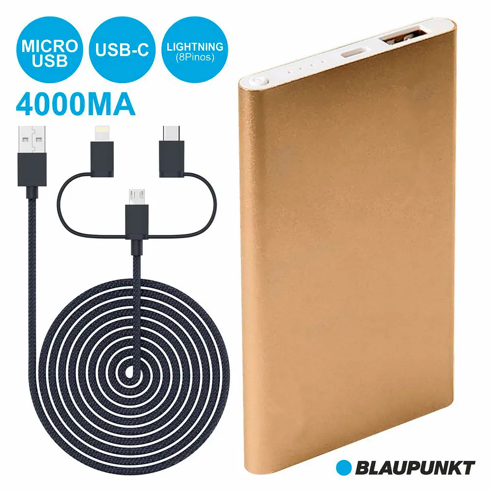 POWERBANK 4000MA C/ 3 FICHAS E CABO DOURADO BLAUPUNKT 1
