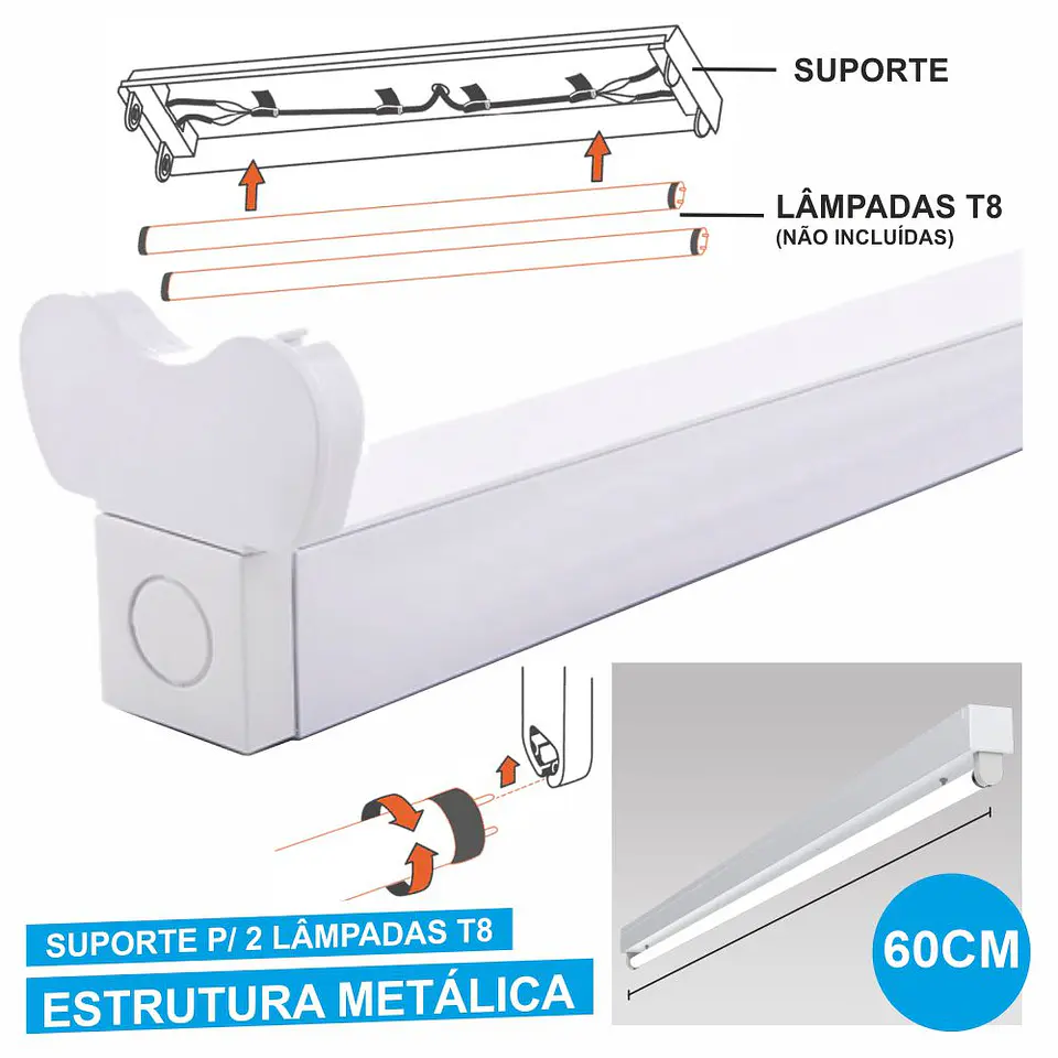 Armadura 60cm P/ 2 Lâmpadas Tubulares T8 G13 1