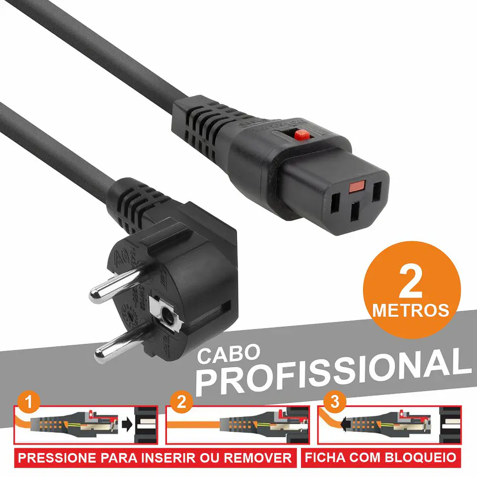 Cabo Alimentação Prof. Schuko Macho 3p/ Iec C13 Fêmea 2m 1