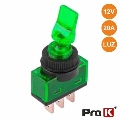INTERRUPTOR ALAVANCA ON-OFF 20A/12V LUMINOSO VERDE PROK