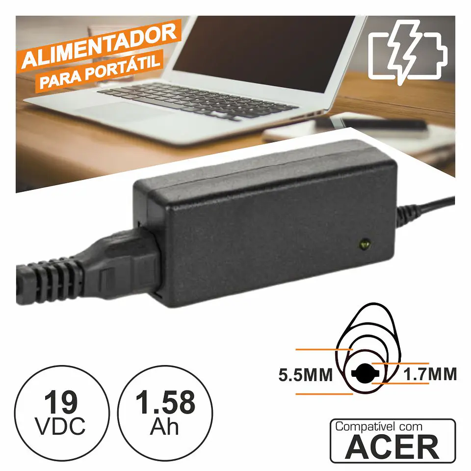 Alimentador P/ Acer 19V 1.58A 30W 5.5x1.7mm 1