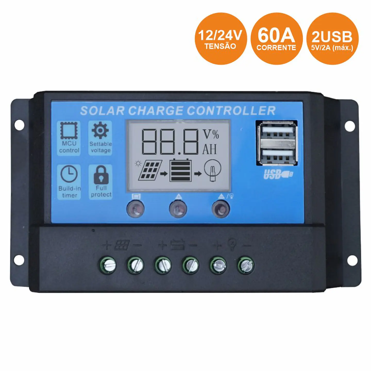 Regulador Painel Fotovoltaico 20A 12/24VDC 2x USB 1