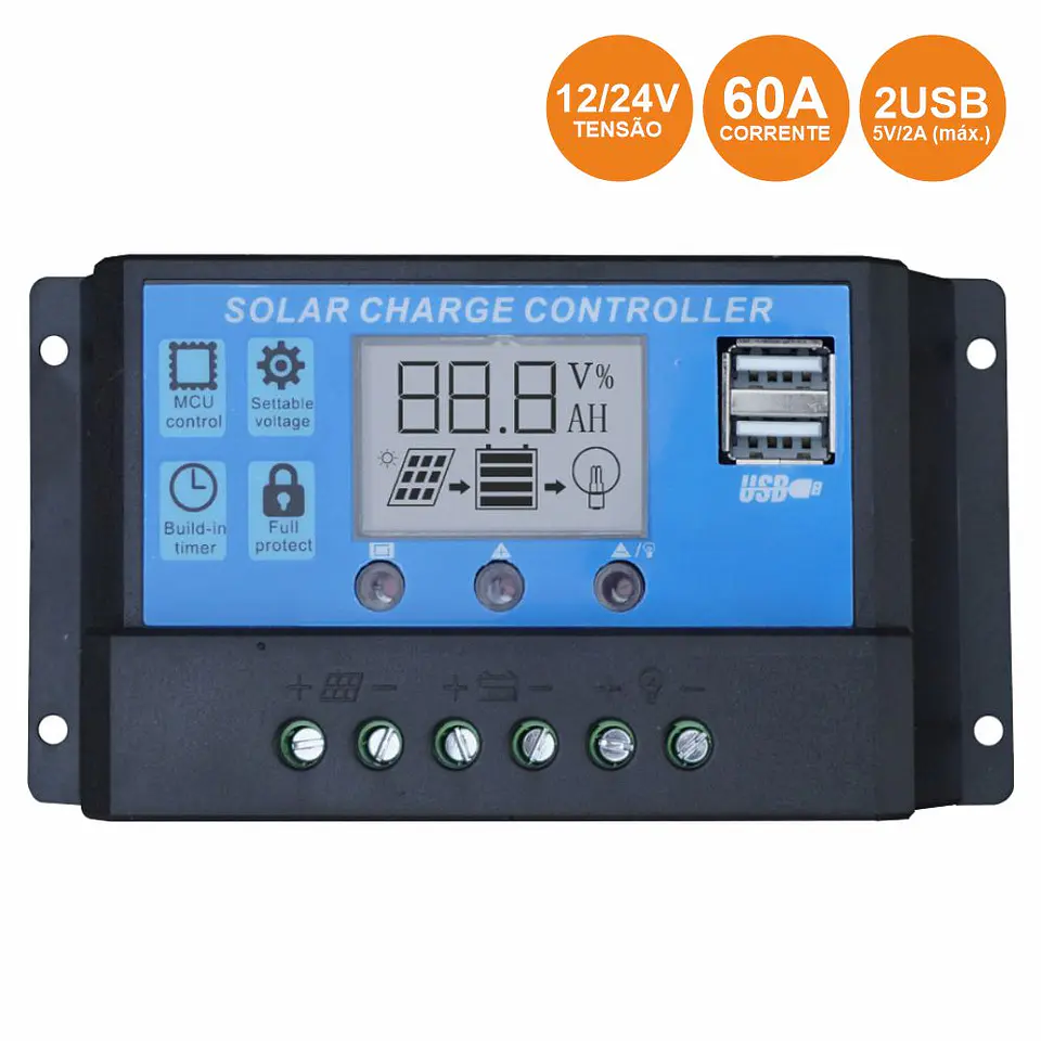 Regulador Painel Fotovoltaico 20A 12/24VDC 2x USB 1