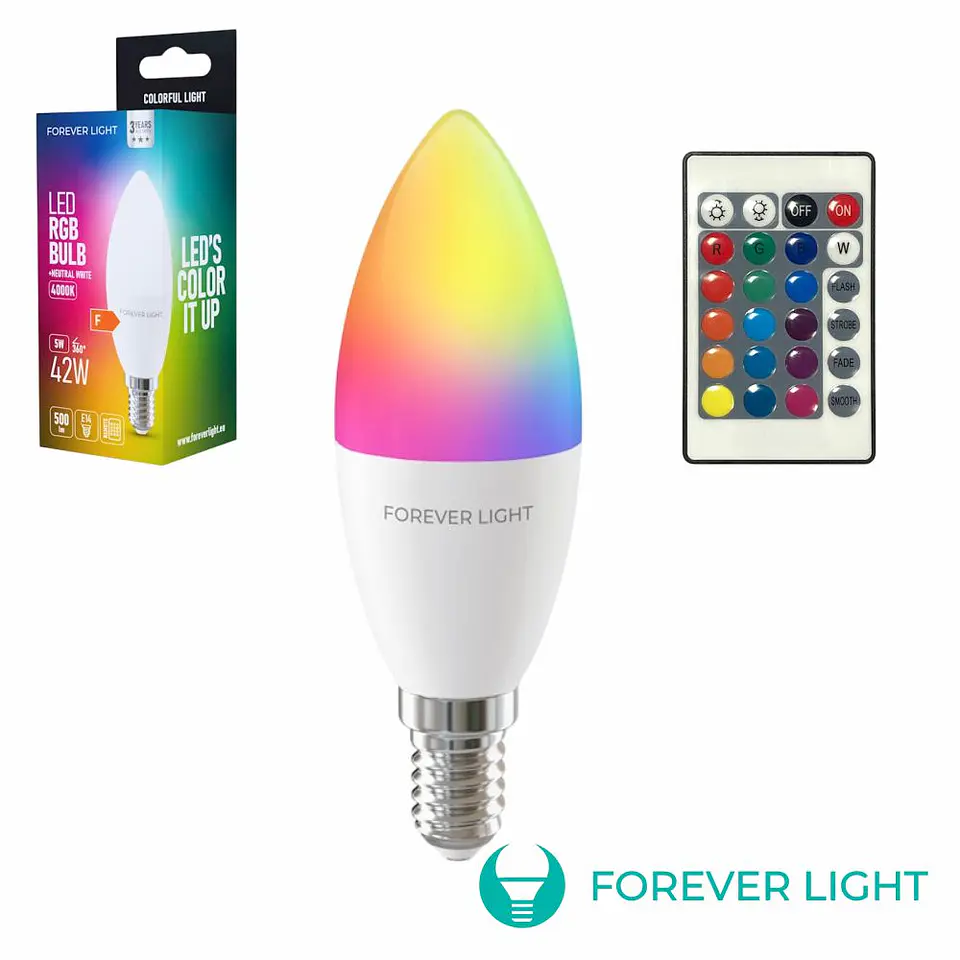 Lâmpada E14 C37 5W Vela RGB 4000K 500lm C/ Comando FOREVER 1