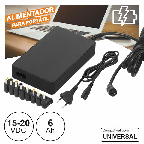 Alimentador Universal P/ Portátil 15-20V 90W 8 Fichas