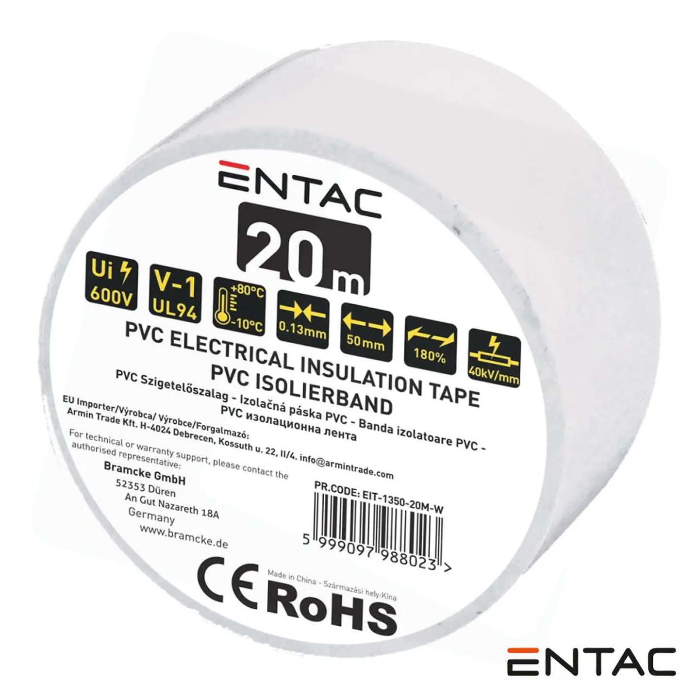Fita Isoladora Branco 20M 0.13x50mm ENTAC 1