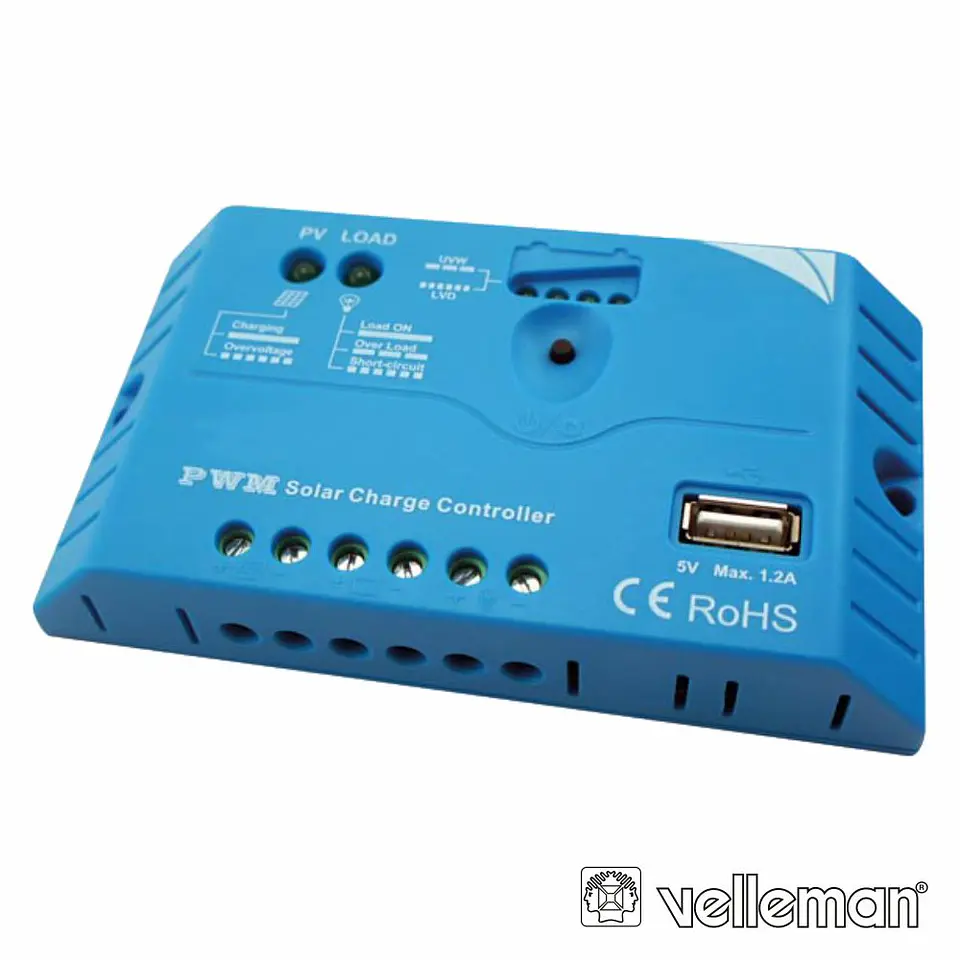 REGULADOR PAINEL FOTOVOLTÁICO 10A 12/24VDC USB VELLEMAN 1
