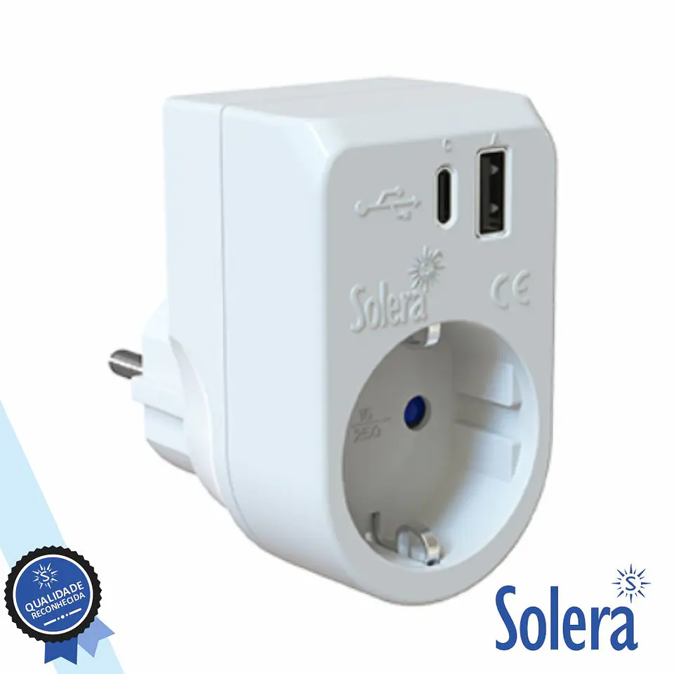 Ficha Elétrica Adaptadora 1x Schuko / USB-A/USB-C SOLERA 1