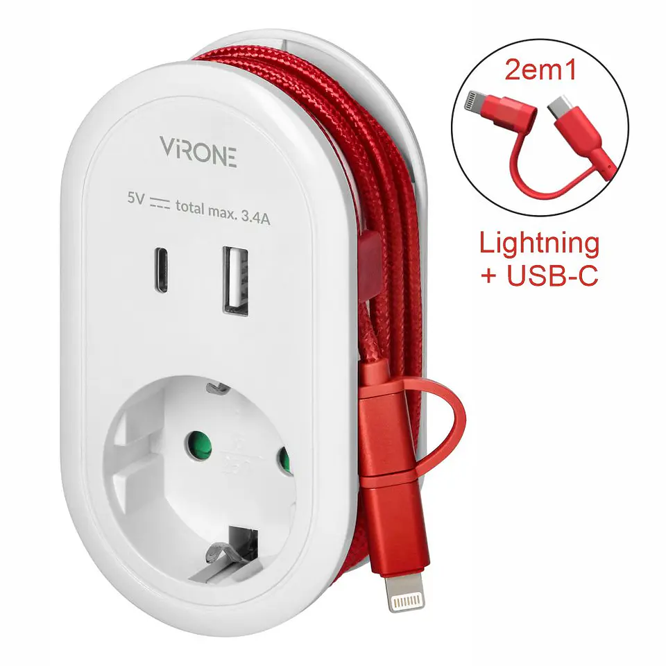 Ficha Elétrica Adaptadora 1x Schuko / USB-A/USB-C VIRONE 1