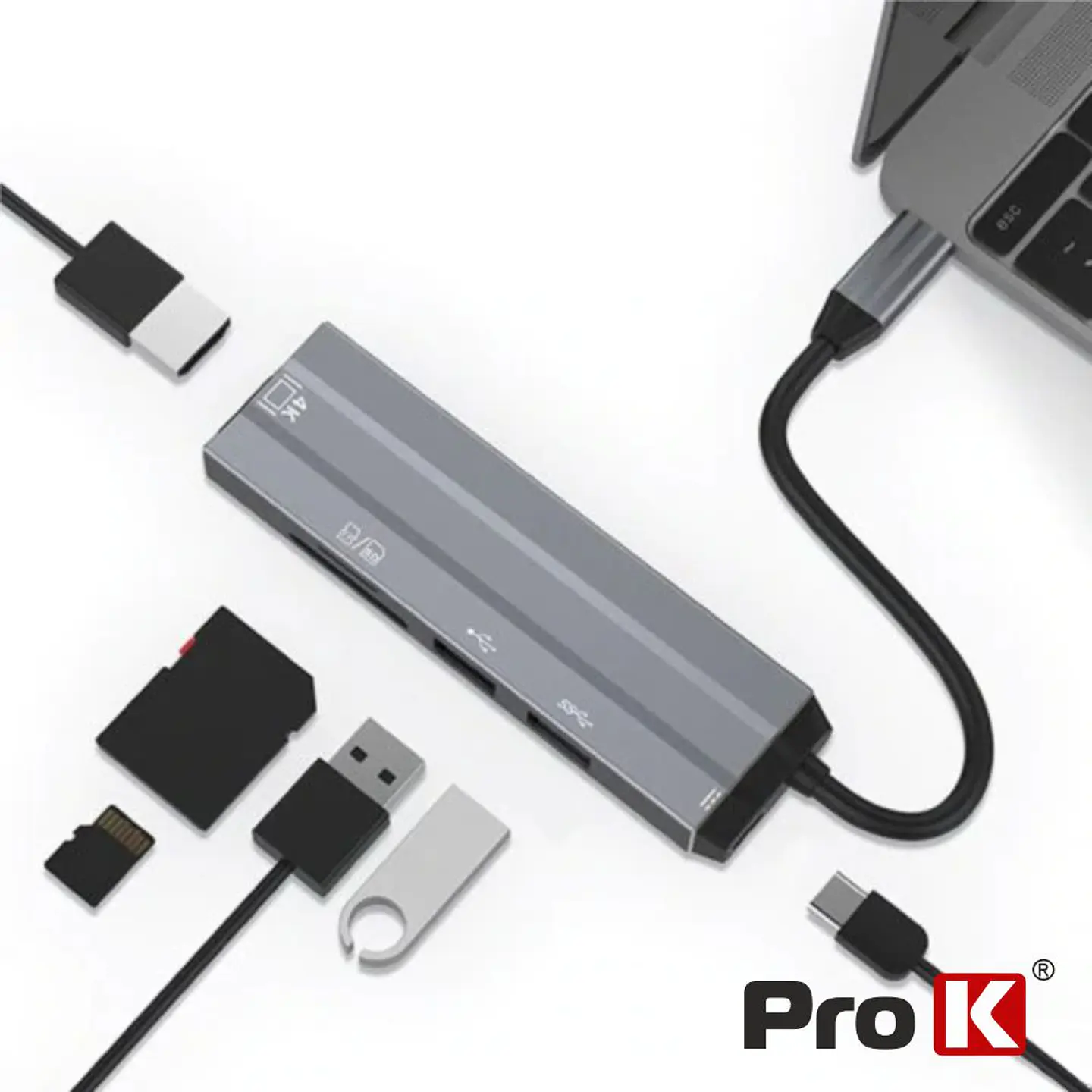 Hub USB-C P/ USB-C / 2xUSB / HDMI / Cartões SD PROK 1