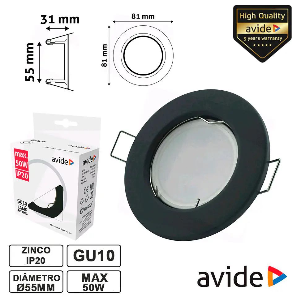 ARO REDONDO FIXO PRETO P/ MR16-GU10 AVIDE 1