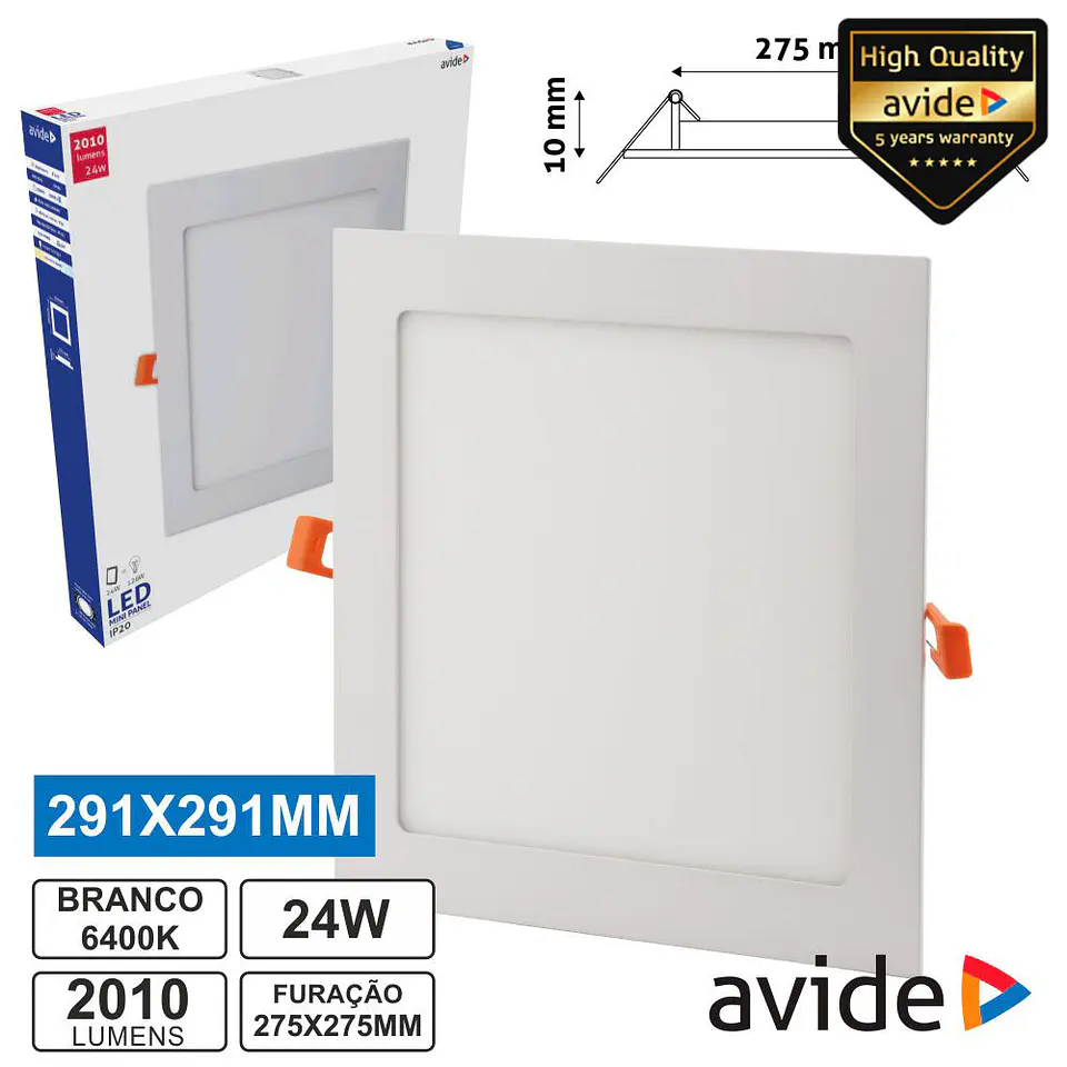PAINEL LEDS QUADRADO 24W 291MM 6400K 2010LM AVIDE 1