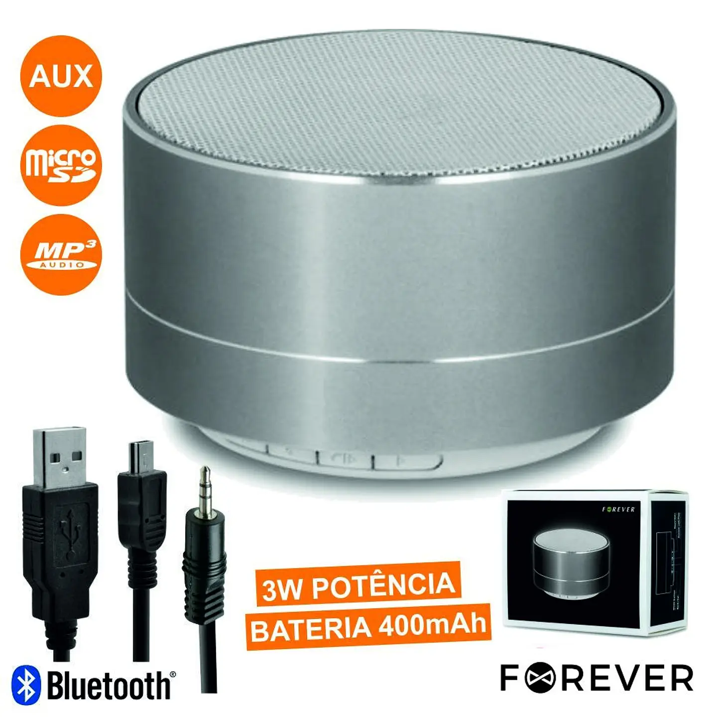 COLUNA BLUETOOTH PORTÁTIL 3W USB/MICROSD/FM/BAT PRATA 1