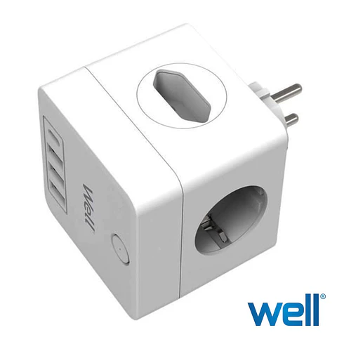 Ficha Elétrica Adaptadora 2xSchuko/2xEuro/3xUSB-A/1xUSB-C