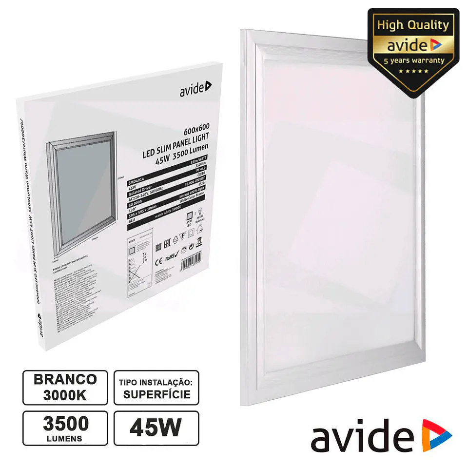 PAINEL LEDS QUADRADO 45W 600x600MM 3000K 3100LM AVIDE 1