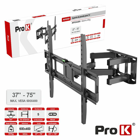 Suporte TV Articulado 5 pontos 37-75" 40kg Vesa 600x400 PROK