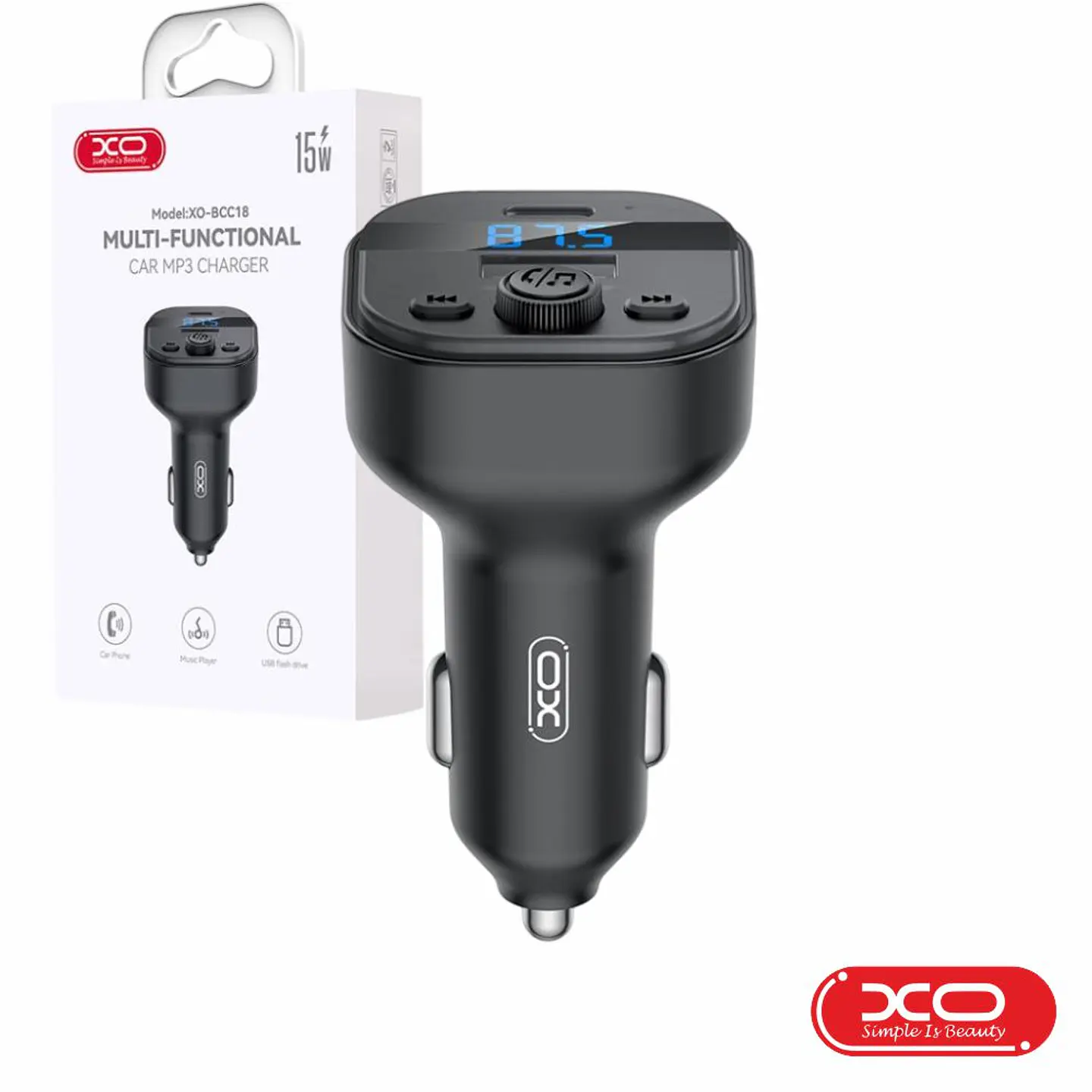 Transmissor FM Bluetooth 5.3 1xUSB-C 1xUSB-A 15W Preto XO 1