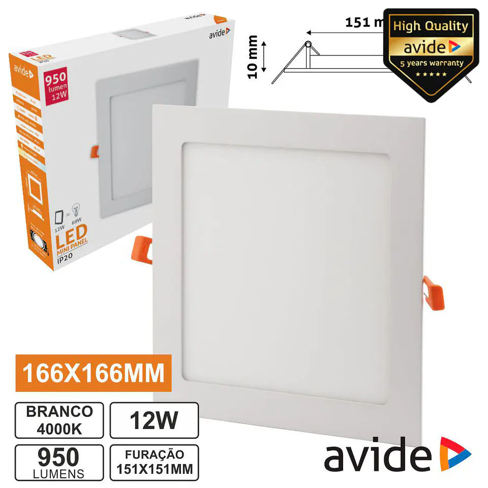 PAINEL LEDS QUADRADO 12W 166MM 4000K 950LM AVIDE 1