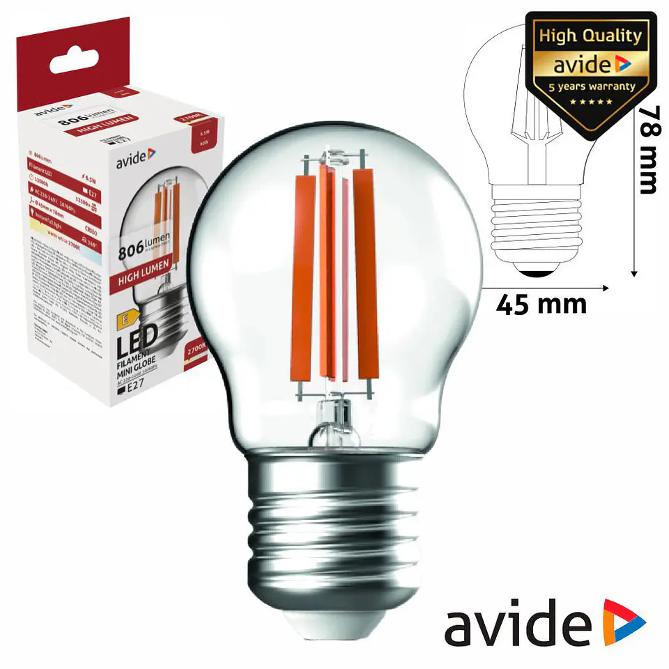 Lâmpada LED E27 Globo Filamento 6.5W 230V 3000K 806lm AVIDE 1