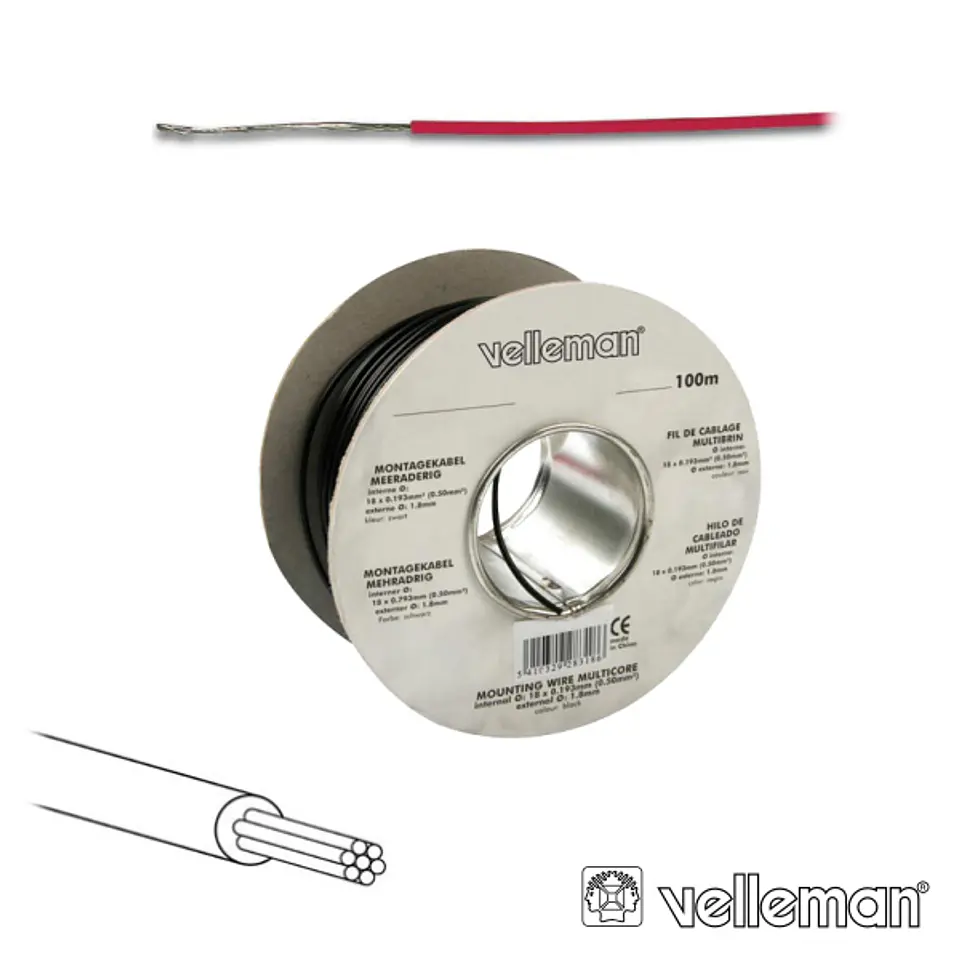 CABO MULTIFILAR VERMELHO 0.20MM ROLO 100M VELLEMAN 1