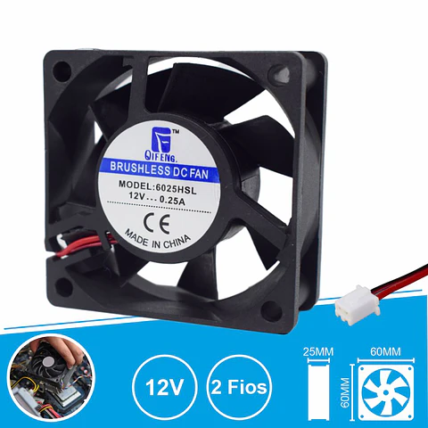 Ventoinha 12V 60x60x25mm 2 Fios