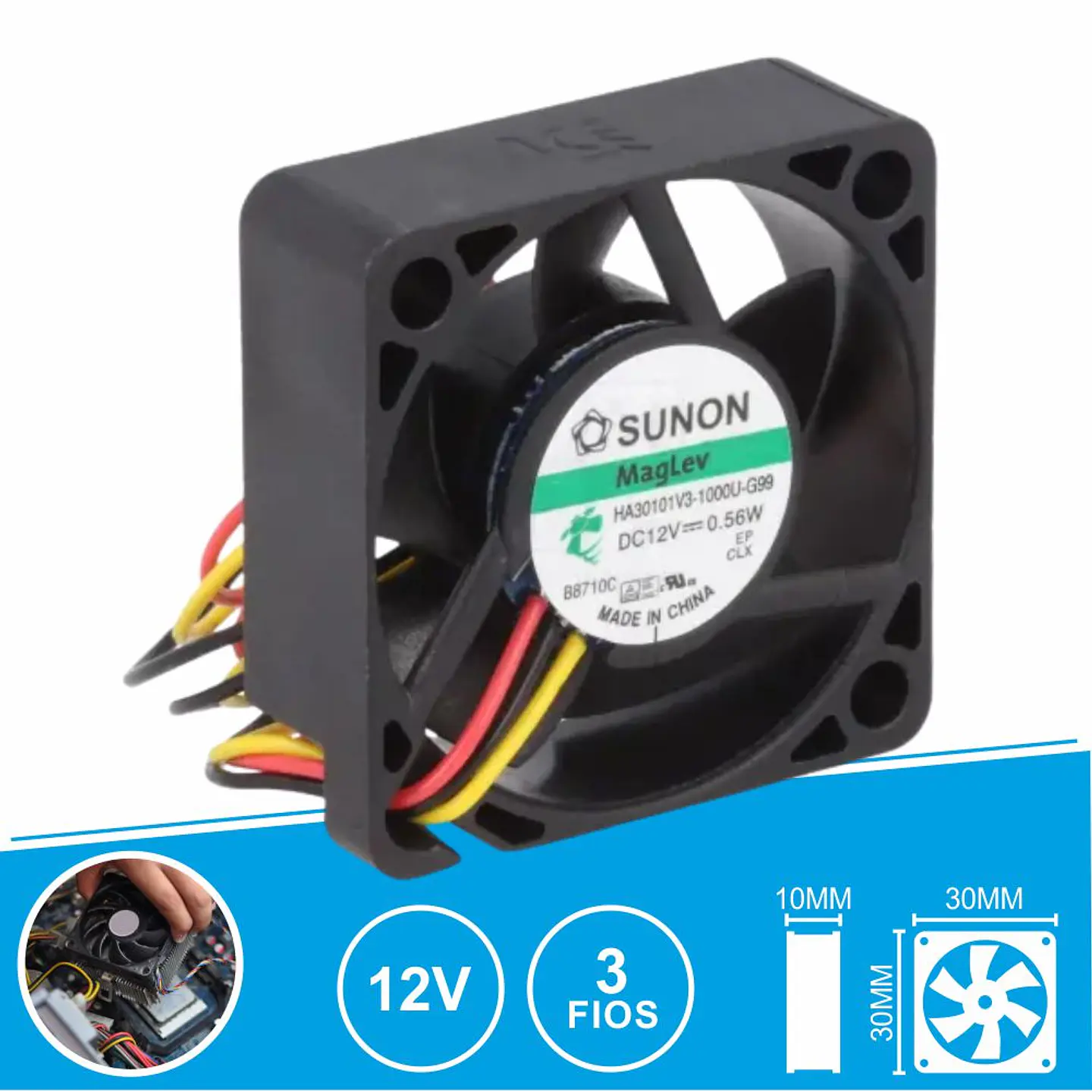 Ventoinha 12VDC 30x30x10mm 3 Fios HA30101V3-1000U-G99 SUNON 1