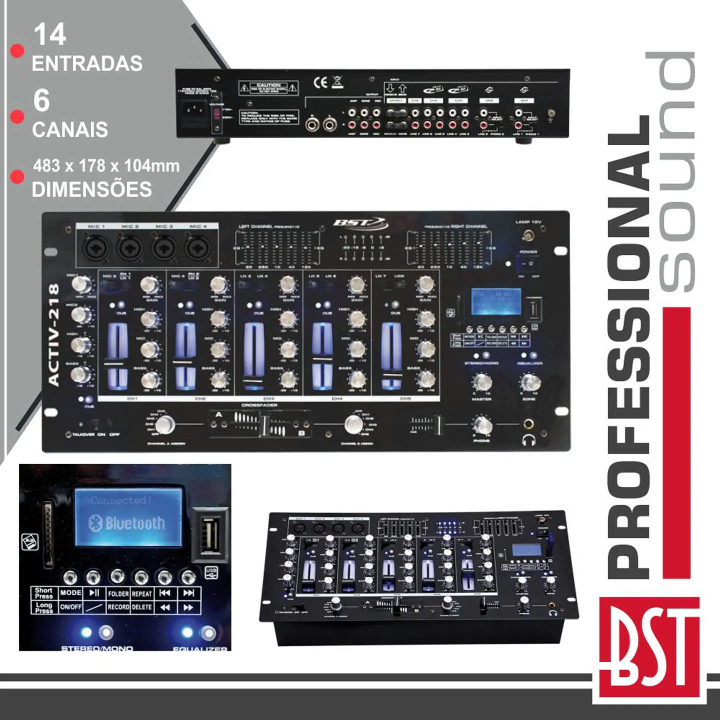 MESA DE MISTURA 6 CANAIS 14 ENTRADAS USB/BT/SD BST 1