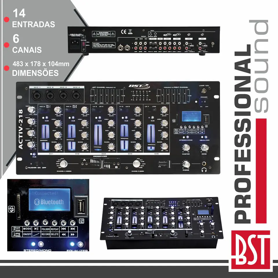 MESA DE MISTURA 6 CANAIS 14 ENTRADAS USB/BT/SD BST 1