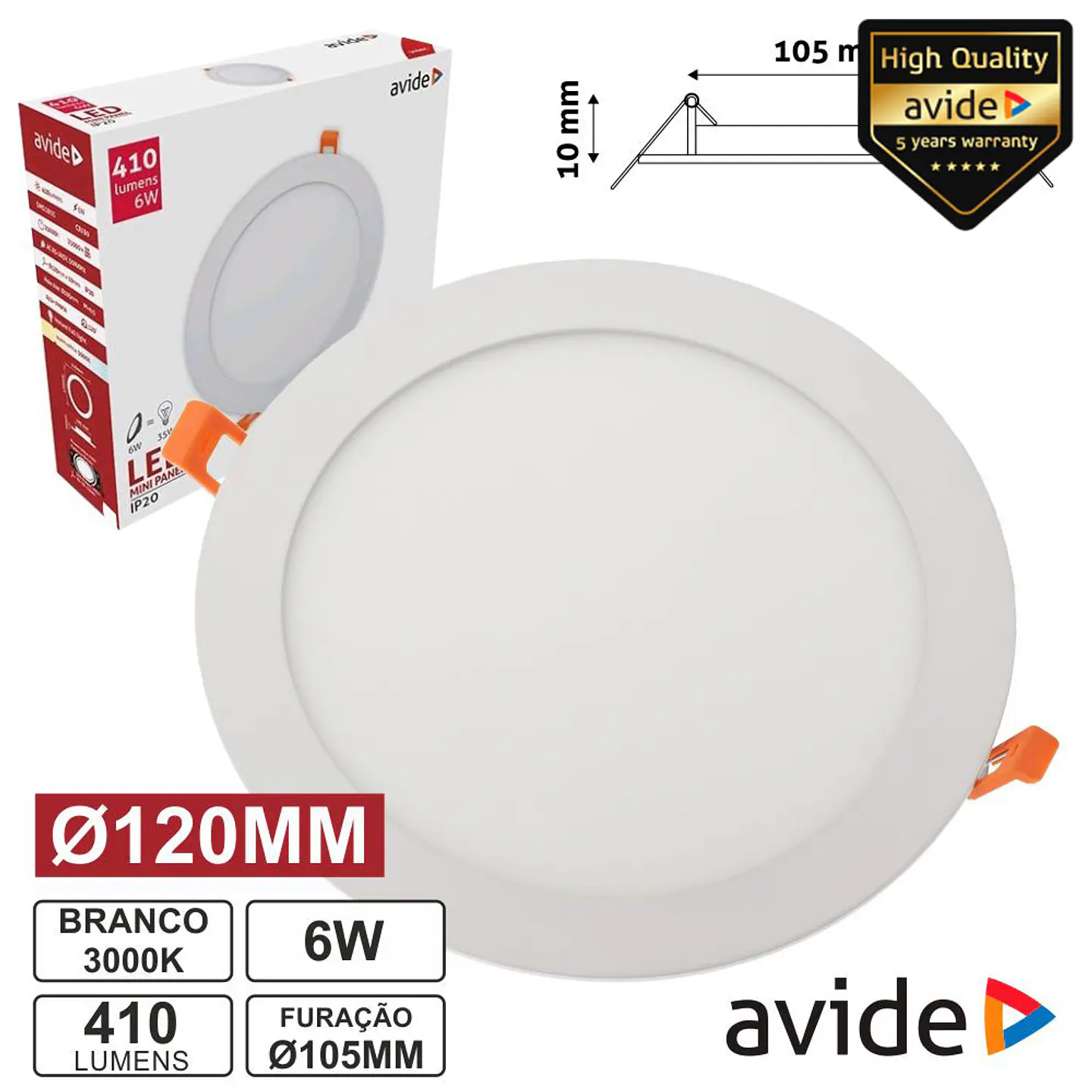 PAINEL LEDS REDONDO 6W 120MM 3000K 410LM AVIDE 1