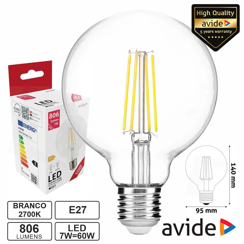 Lâmpada LED E27 Globo Filamento 7W 230V 2700K 806lm AVIDE 1