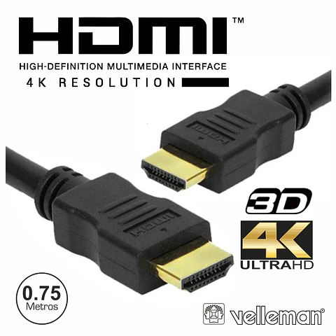 CABO HDMI DOURADO MACHO / MACHO 2.0 4K PRETO 0.75M VELLEMAN