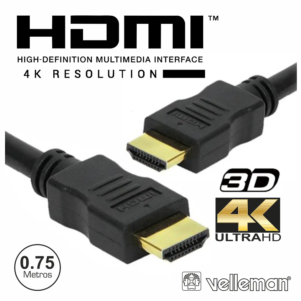 CABO HDMI DOURADO MACHO / MACHO 2.0 4K PRETO 0.75M VELLEMAN 1
