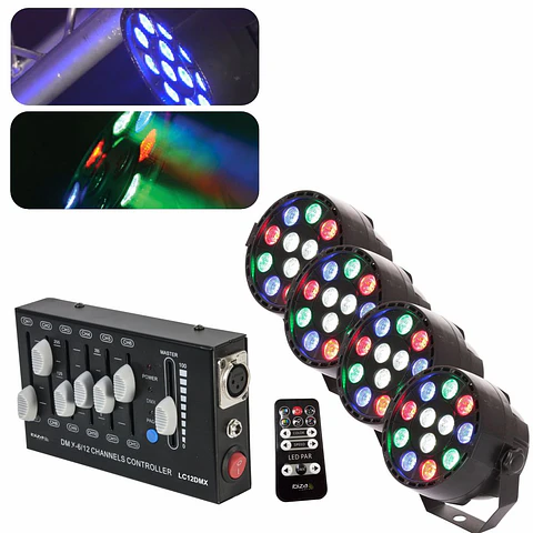 4x Projetor PAR 12 LEDs RGBW e Controlador DMX 12 Canais