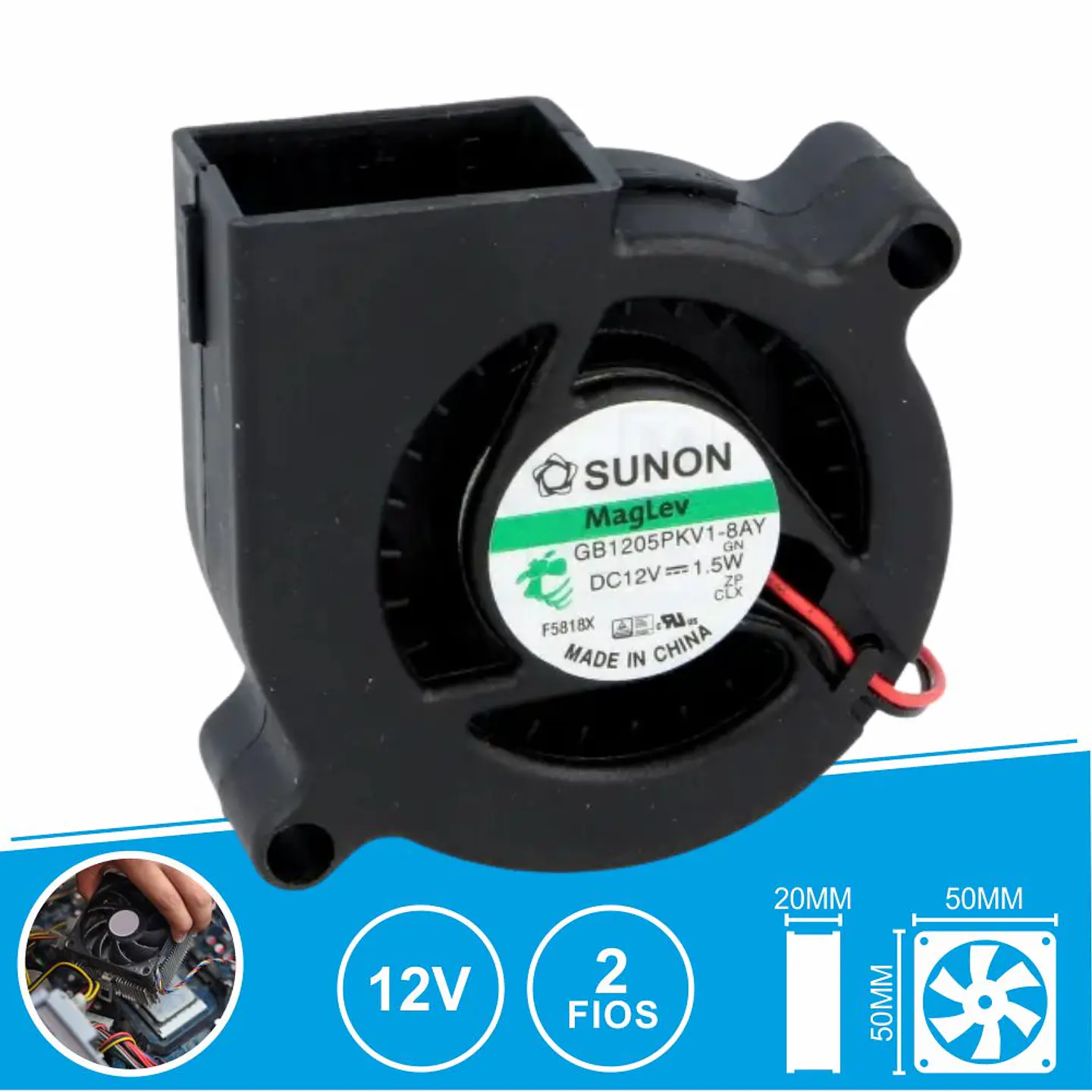 Ventoinha 12VDC 50x50x20mm 2 Fios GB1205PKV1-8AY SUNON 1