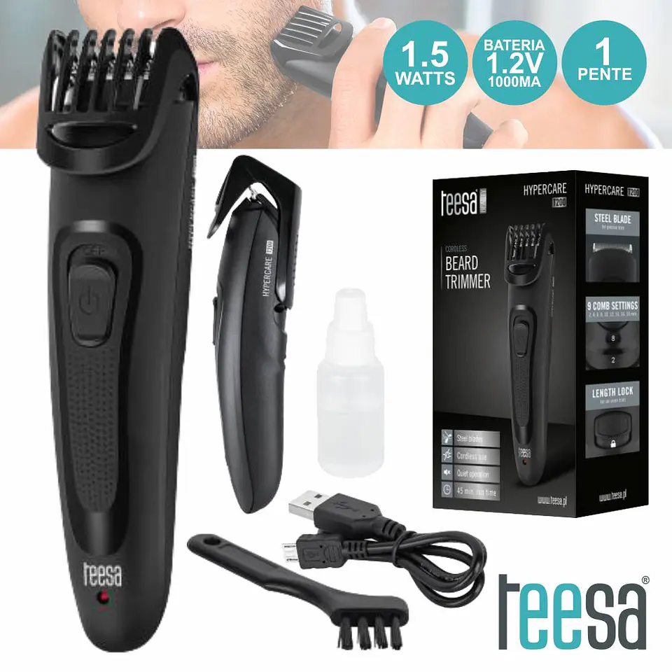 MÁQUINA CORTAR CABELO C/ 1 PENTE PORTÁTIL 1.5W USB TEESA 1