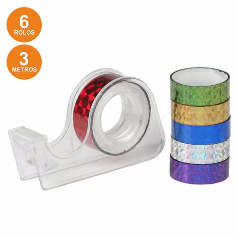 DISPENSADOR DE FITA-COLA C/ 6 ROLOS DECORATIVOS 12MM 3M