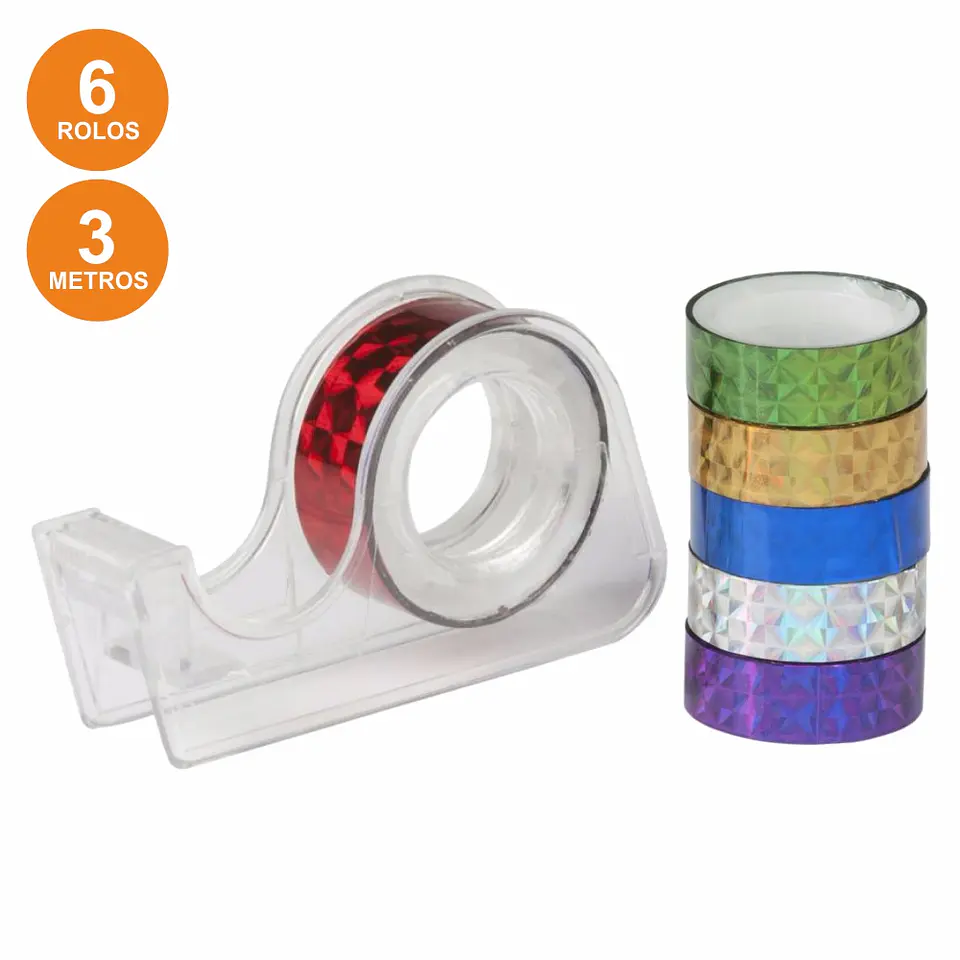 DISPENSADOR DE FITA-COLA C/ 6 ROLOS DECORATIVOS 12MM 3M 1