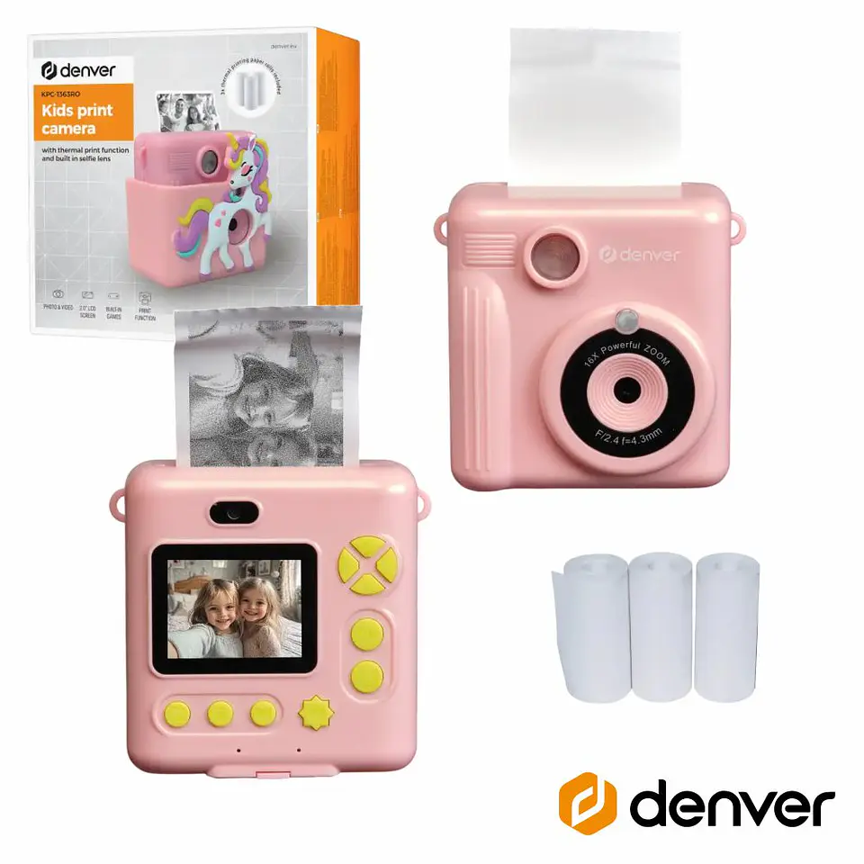 Câmara Digital Rosa P/ Crianças C/ Impressora Unicorn 1