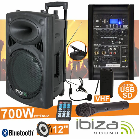 COLUNA AMPLIFICADA 12" 700W USB/BT/SD/BAT VHF PRETA IBIZA