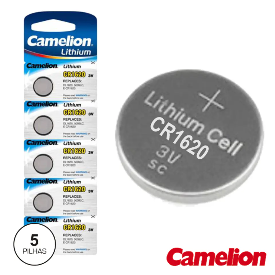 PILHA LITHIUM BOTÃO CR1620 3V 70MA 5X BLISTER CAMELION 1