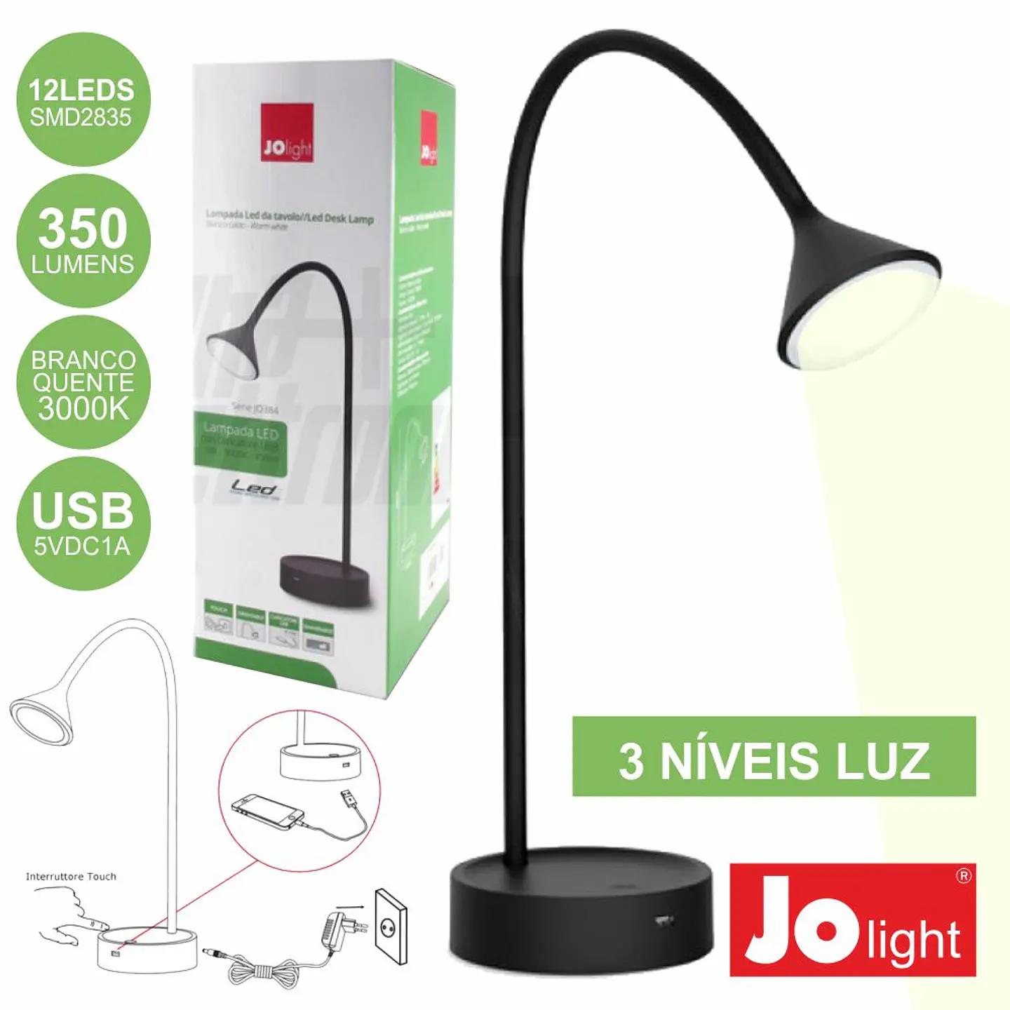 CANDEEIRO DECORATIVO LED C/ ENTRADA USB PRETO JOLIGHT 1