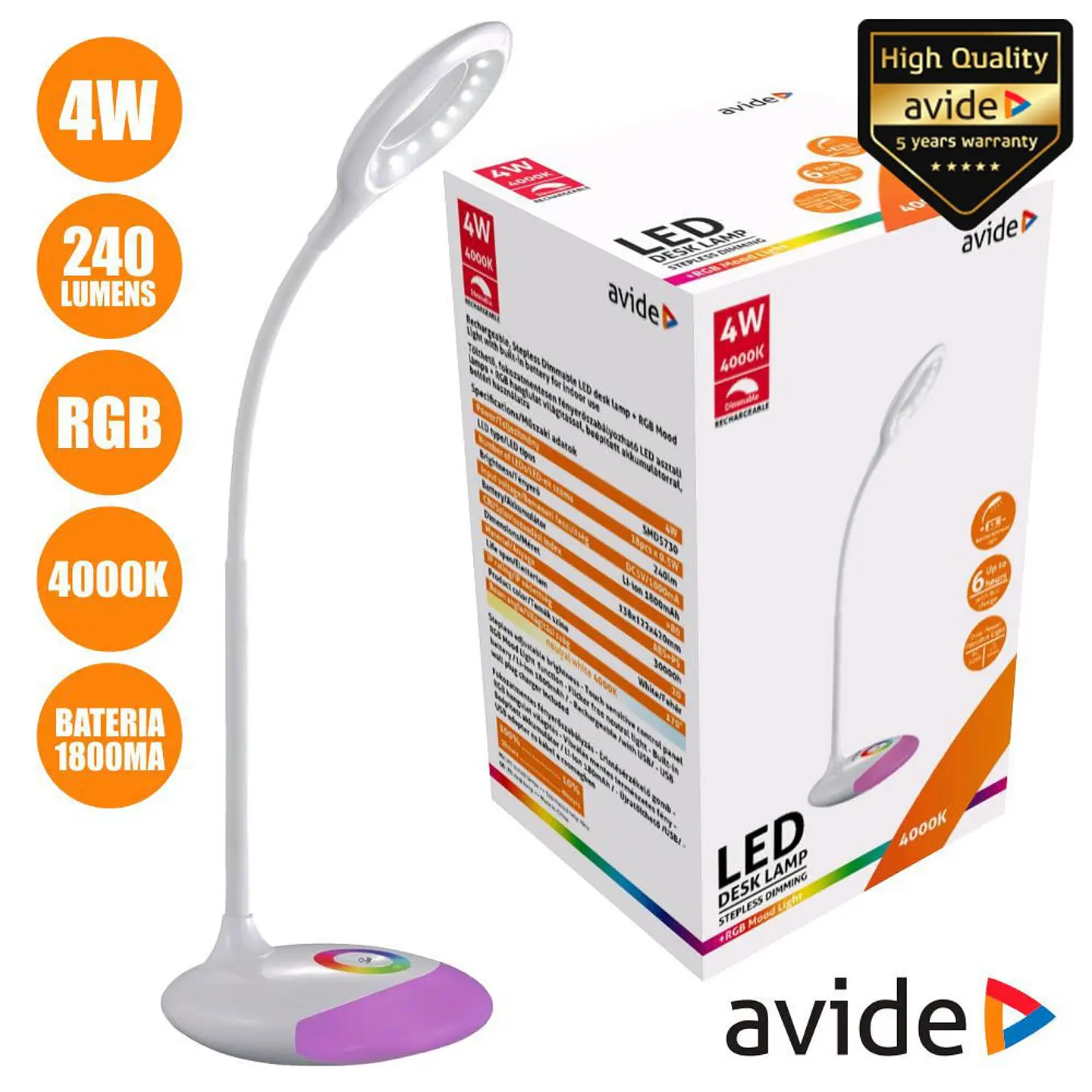 CANDEEIRO DECORATIVO LED DIMÁVEL BAT 4000K+RGB 240LM AVIDE 1
