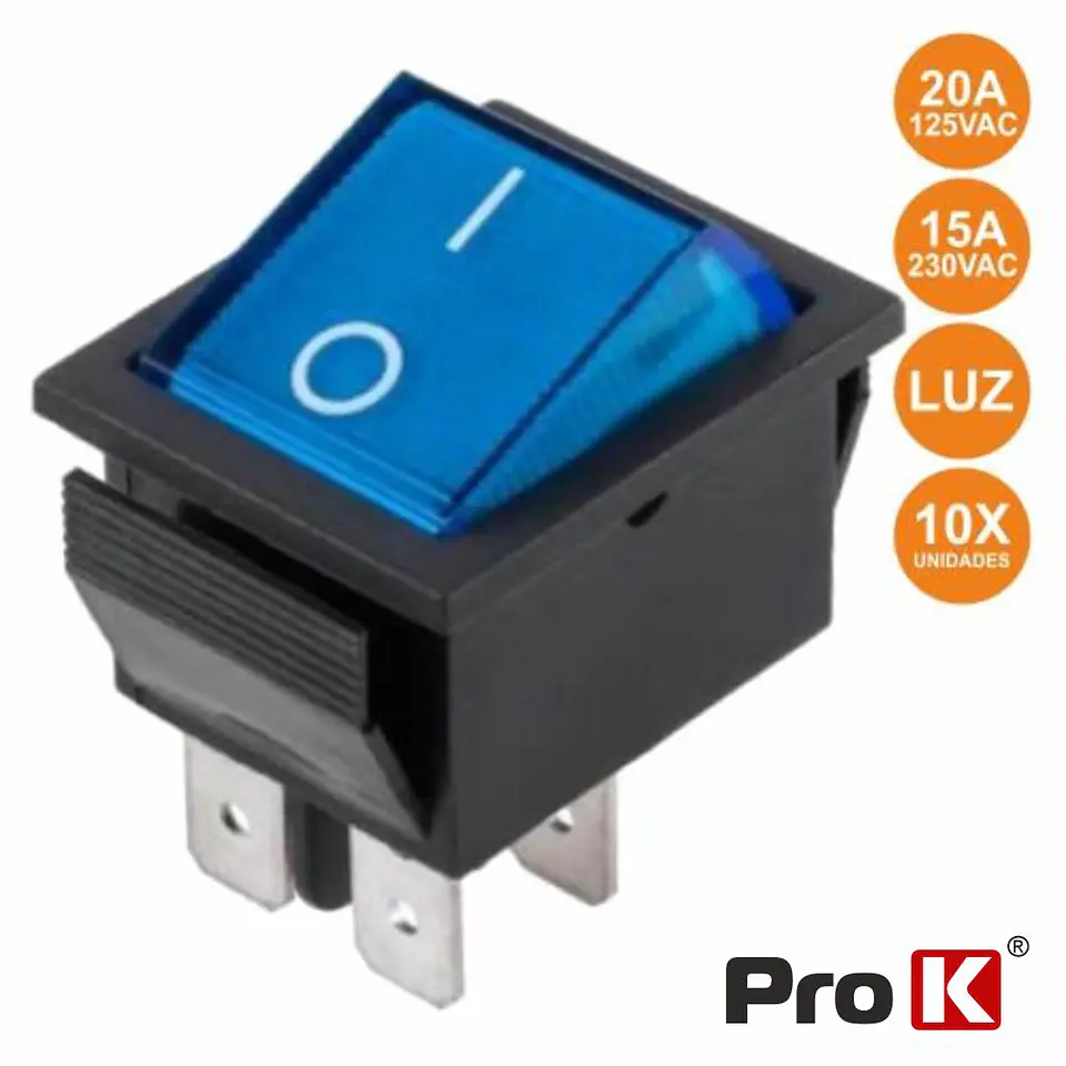 INTERRUPTOR BASCULANTE C/ LUZ 15A-250V SPST ON-OFF 10X PROK 1