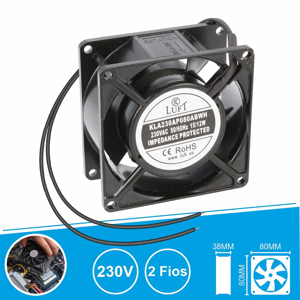 Ventoinha 230V 80x80x38mm 2 Fios KLA230AP080ABWH LUFT 1