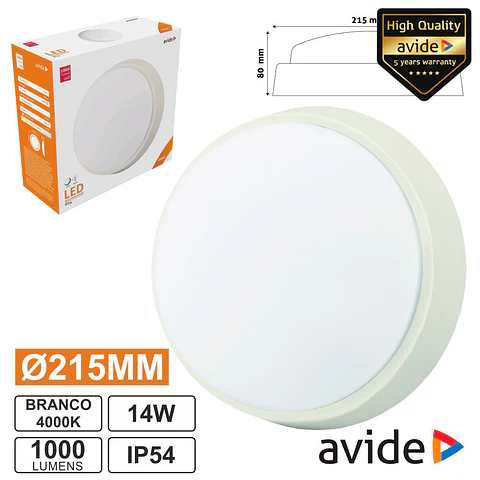 PAINEL LED REDONDO APLIQUE 14W 215MM 4000K 1000LM IP54 AVIDE