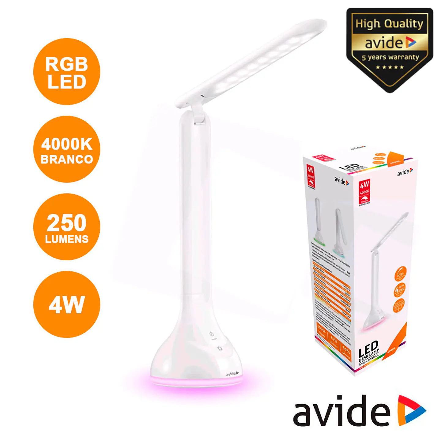 CANDEEIRO DECORATIVO LED 4W 4000K C/ BASE RGB 250LM AVIDE 1