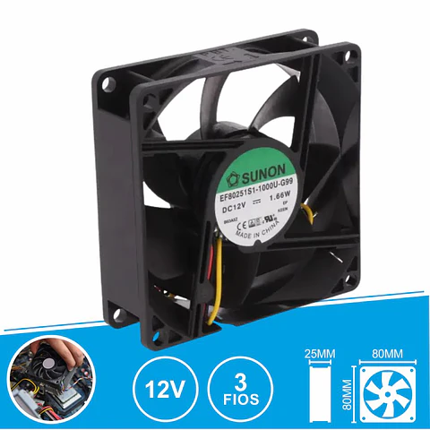 Ventoinha 12VDC 80x80x25mm 3 Fios EF80251S1-1000U-G99 SUNON