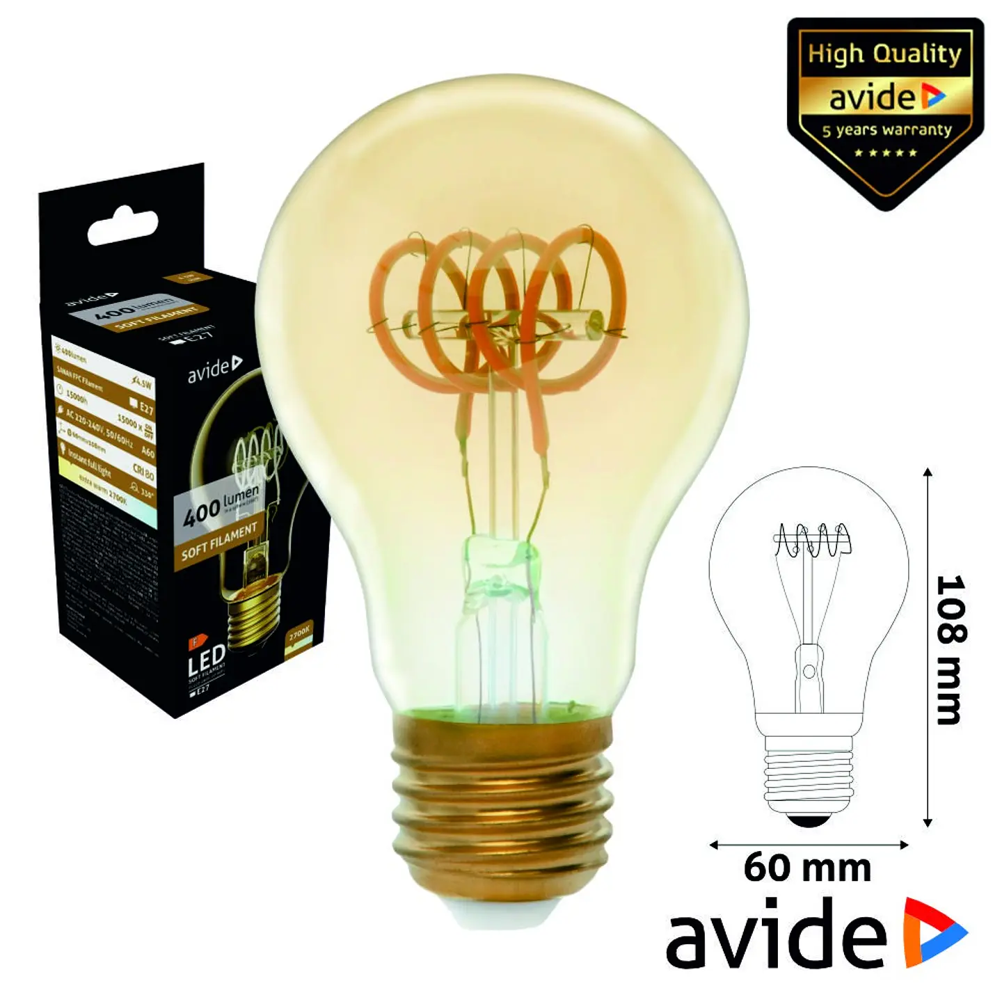Lâmpada E27 4.5W Globo 230V Filamento 2700K 400lm AVIDE 1