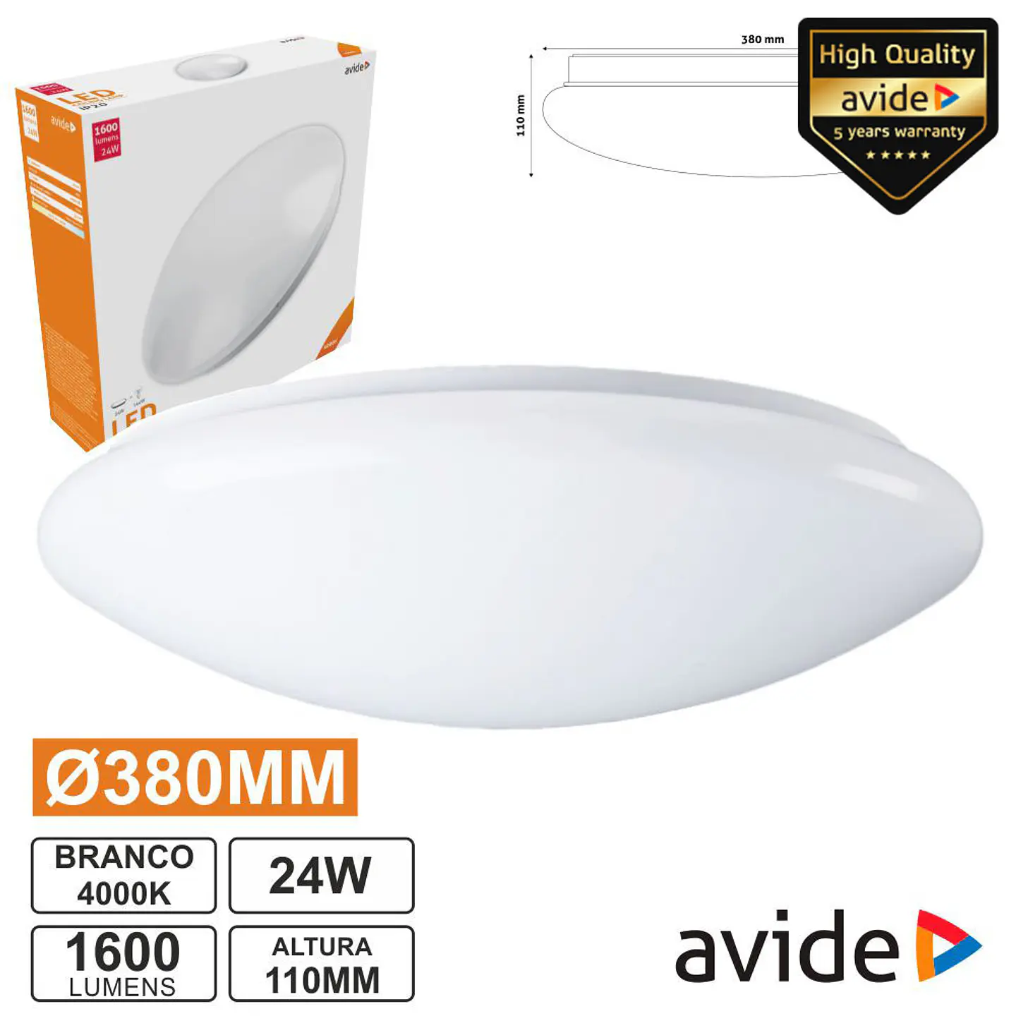 PAINEL LED REDONDO APLIQUE 24W 380MM 4000K 2100LM AVIDE 1
