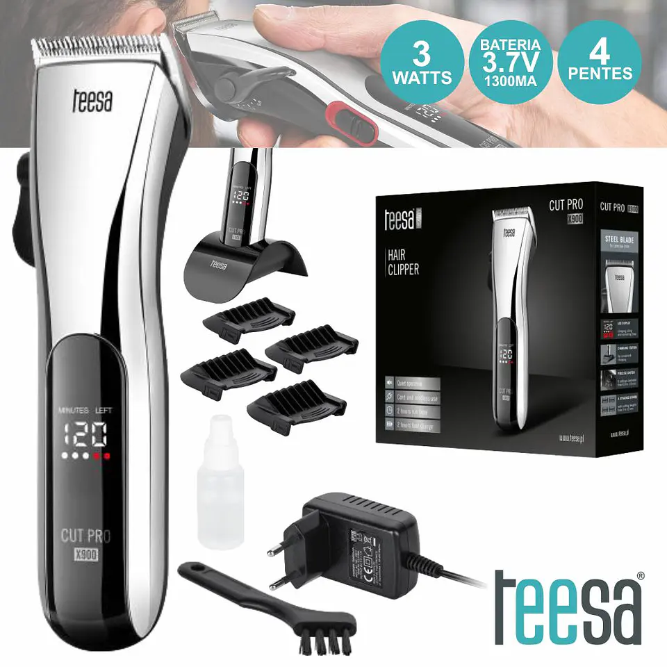 MÁQUINA CORTAR CABELO PRO X900 PORTÁTIL C/ 4 PENTES TEESA 1